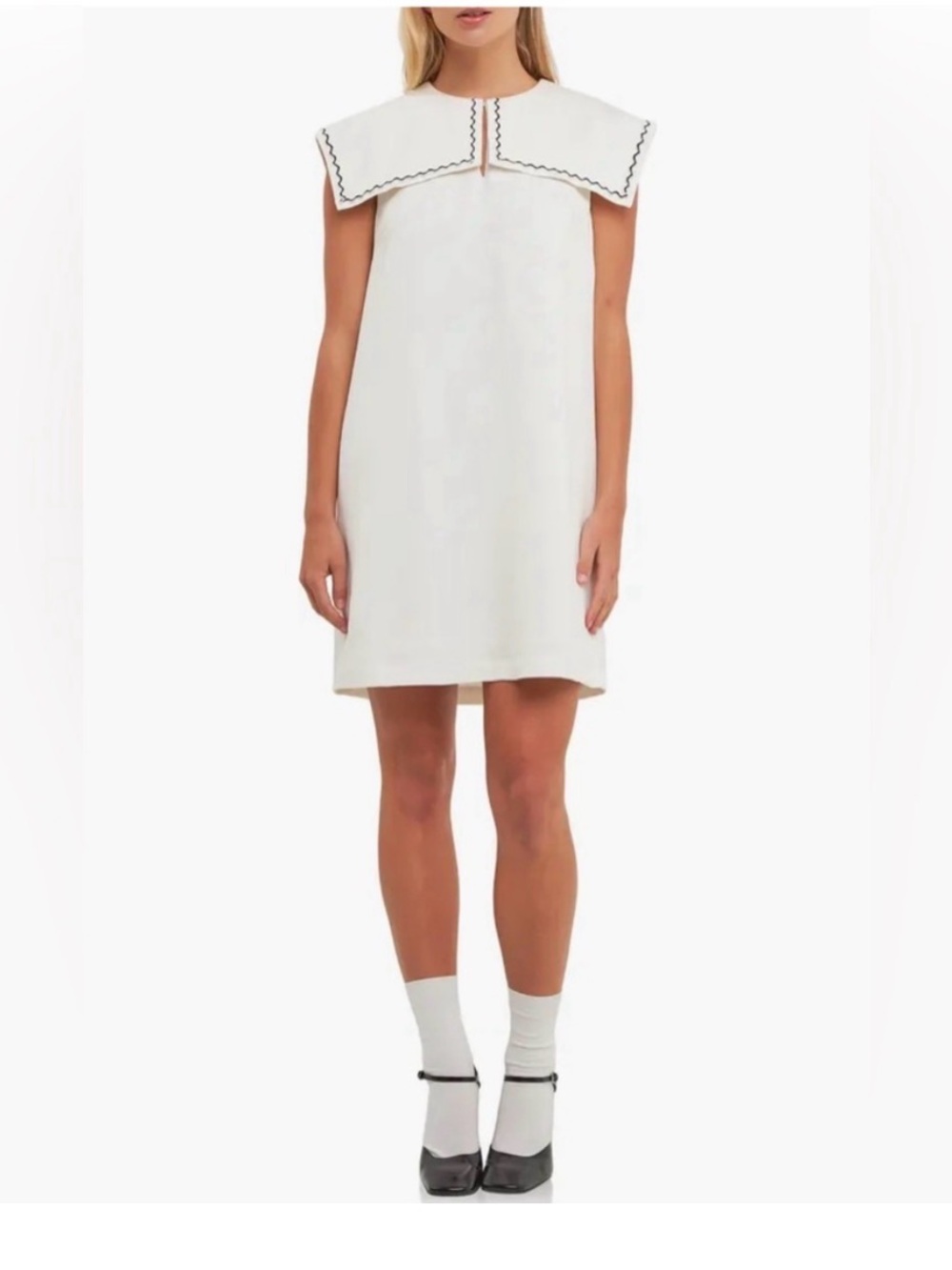 English Factory ivory White Sailor Collar Linen Blend Shift Mini Dress Nautical - Picture 9 of 10